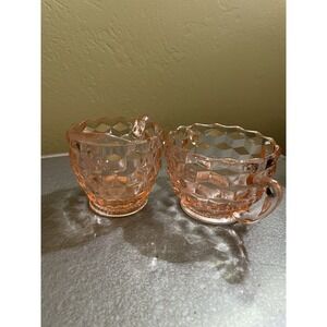 VTG Jeanette Cube Pattern Pink Depression Glass Open Sugar Creamer MINT perfect!